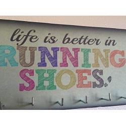 Race Medal Holder/Running Medal Hanger - LIFE IS BETTER IN RUNNING SHOES (rainbow). Wood Wall Mounted Medal Organizer