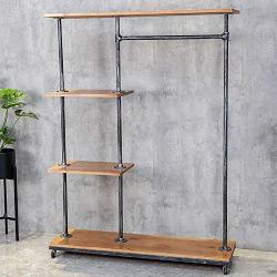 HANS CAO Industrial Style Rolling Clothes Rack,Heavy Standing Hanger,Wheels Pipe Shelves,Bagging Clothes Organizer,Shoe Cabinet Storage Rack,Iron and Wood,47.2&quotx 14&quotx 63”