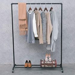 Industrial Iron Pipe Clothing Rack,63in Black Dress Clothing Retail Display Rack,Vintage Commercial Grade Pipe Clothes Racks on Wheels,Metal Ballet Rolling Racks Garment Racks