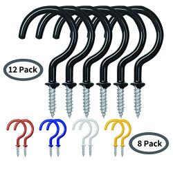 Cup Hook Ceiling Hooks, 2.9 Inches, FineGood Vinyl Coated Screw-in Hanger for Indoor and Outdoor Use - 12 Pack Black and 8 Pack Mix