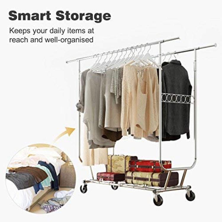 LANGRIA Heavy Duty Rolling Commercial Double Rail Clothing Garment Rack  with Wheels Expandable Rods Collapsible Clothes