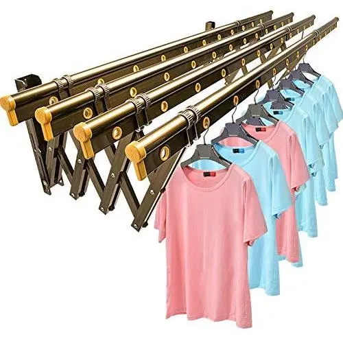 Wgwioo Wall Mount Clothes Drying Rack, Folding Retractable Clothes Hanger, for Outdoor and Indoor,Champagne,150×40Cm