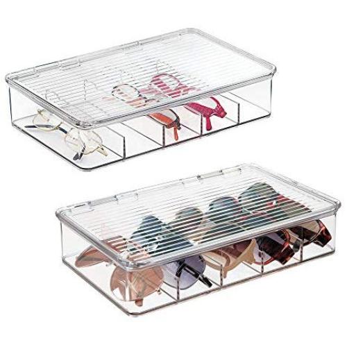mDesign Plastic Rectangular Stackable Eye Glass Storage Organizer Holder Boxes for Sunglasses, Reading Glasses, Fashion Eye Wear, Accessories - 5 Sections, Hinged Lid - 2 Pack - Clear