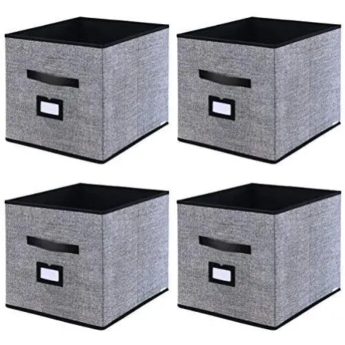 Onlyeasy Foldable Cloth Storage Cubes with Label Holders - Fabric Storage Bins Baskets Organizers for Home Office Nursery Cubby with Dual Leather Handles, 13&quotx15&quotx13", 4 Pack Black, MXABXL04PLP