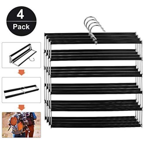 HOMEIDEAS Foldable Pants Hangers Non-Slip Space Saving Stainless Steel Clothes Hangers Closet Organizer for Pants Jeans Trousers Scarf, Pack of 4