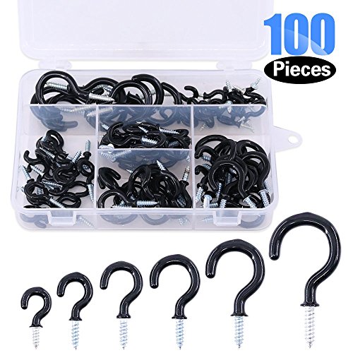 Glarks 100-Pieces 6 Sizes Black Vinyl Coated Cup Hooks Screw-in Ceiling Hooks Screw Hooks Mug Hooks Hangers Assortment Kit for Home and Office Use