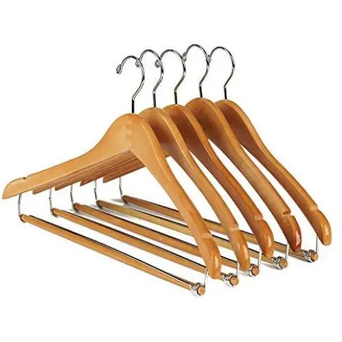 Nature Smile Contoured Wooden Hangers Sturdy Wood Suit Coat Hangers with Locking Bar Chrome Hook Pack of 5 (Natural)