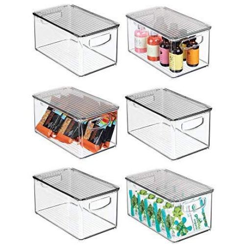 mDesign Plastic Stackable Kitchen Pantry Cabinet, Refrigerator, Freezer Food Storage Bin Boxes with Handles, Lid - Organizer for Fruit, Yogurt, Snacks, Pasta - 10" Long, 6 Pack - Clear/Smoke Gray