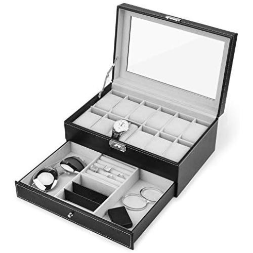 JS NOVA JUNS Watch Box, 12 Slots PU Leather Case Organizer with Jewelry Drawer for Storage and Display