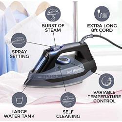 Professional Grade 1700W Steam Iron for Clothes with Rapid Even Heat Scratch Resistant Stainless Steel Sole Plate, True Position Axial Aligned Steam Holes, Self-Cleaning Function