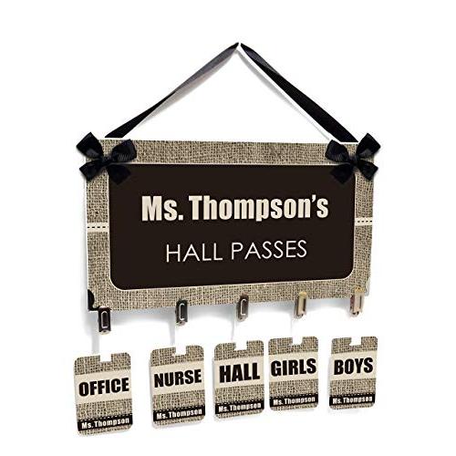 Personalized Hall Passes Hanger Wall Sign and Student Badges, Brown Burplap Inspired