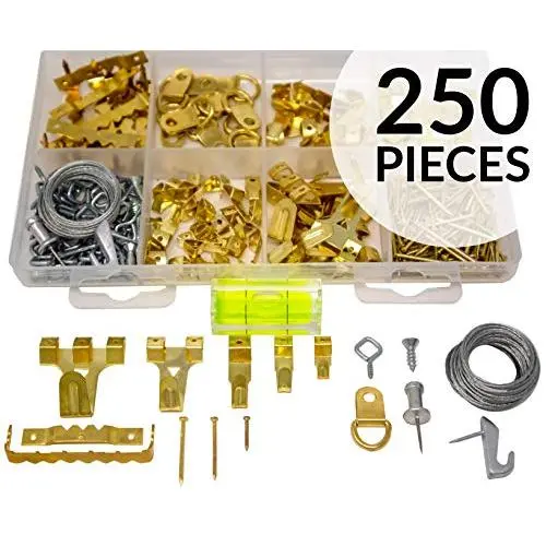 Picture Hanging Kit 250 Pieces | Hardware for Frames Heavy Duty | Great Assortment Includes: Screws, Nails, D Rings, Hooks, Wires, Sawtooth Hangers, Heavy Duty Hooks | Comes with Transparent Solid Box