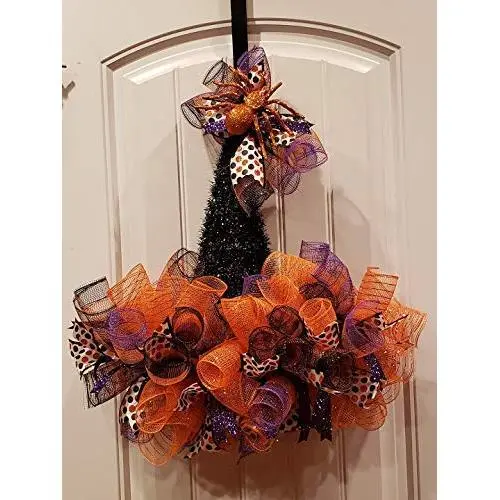 Orange and Black Witch Hat Halloween Deco Mesh Door Decor - FREE SHIPPING - WREATH HANGER INCLUDED