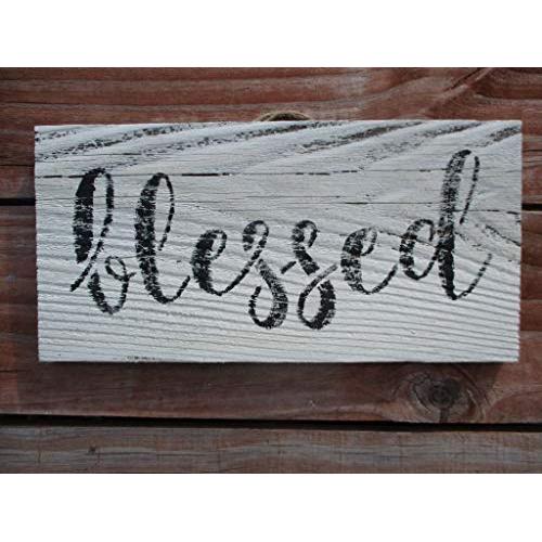 Vintage look BLESSED new calligraphy weathered wood sign with burlap hanger antique style old time font