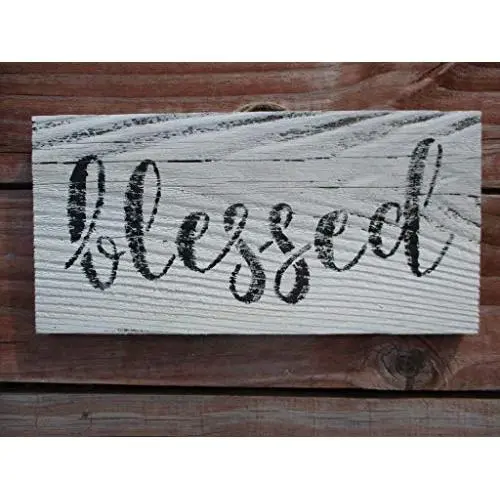 Vintage look BLESSED new calligraphy weathered wood sign with burlap hanger antique style old time font