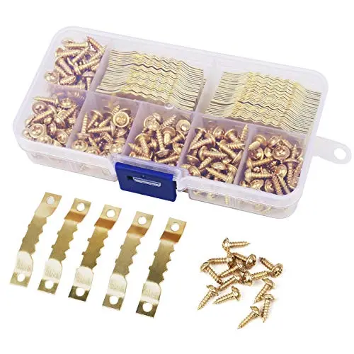 HAUSPROFI Sawtooth Picture Hangers, Sawtooth Picture Frame Hangers Double Hole 240 Wall Mounting Screws for Picture Painting Frame Cross-stitch Golden Stainless Steel, 120Pcs