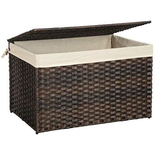 SONGMICS Rattan-Style Storage Box, 42 Gallon Indoor Storage Basket Trunk, Laundry Hamper, Toy Chest, 160L Decorative Bin with Lid Liner Handles, Rectangular, Bedroom Closet Laundry Room,Brown URST76BR