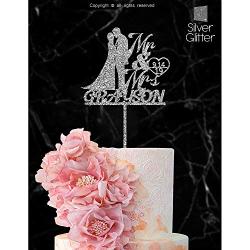 Personalized Wedding Cake Topper With Customized Bride and Groom Last Name or Marriage Date for Mr Mrs (Silver Glitter)