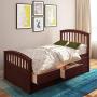 Hooseng Twin Size Solid Wood Bookcase Captains Platform Storage Bed with Pull Out 6 Drawers,No Boxes Spring Needed, Deep Walnut
