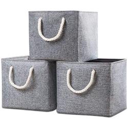 Prandom Large Foldable Cube Storage Baskets Bins 13x13 inch [3-Pack] Fabric Linen Collapsible Storage Bins Cubes Drawer with Cotton Handles Organizer for Shelf Toy Nursery Closet Bedroom(Gray)