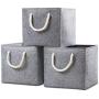 Prandom Large Foldable Cube Storage Baskets Bins 13x13 inch [3-Pack] Fabric Linen Collapsible Storage Bins Cubes Drawer with Cotton Handles Organizer for Shelf Toy Nursery Closet Bedroom(Gray)
