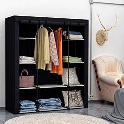 Homebi Clothes Closet Portable Wardrobe Durable Clothes Storage Organizer Non-Woven Fabric Cloth Storage Shelf with Hanging Rod and 10 Shelves for Extra Storage, 59.05" W x 17.72" D x 65.4" H (Black)