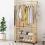 Cxjff Floor Standing Coat Rack Multifunction Hanger Clothes 4 Hooks Shoes Shelves Easy Install, Bamboo, 3 Sizes (Color : Wood Color, Size : 60x37.5x164cm)