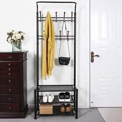 SONGMICS Entryway Coat Rack with Storage Shoe Rack Hallway Organizer 18 Hooks and 3-Tier Shelves Metal Black