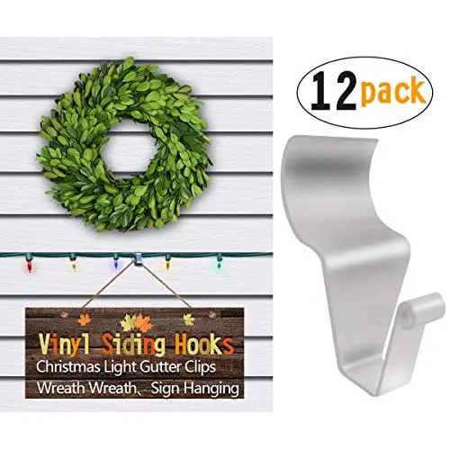 Vinyl Siding Hooks for Hanging (12 Pack), Christmas Light Gutter Clips,Wreath Hook,Garland Hanger,Heavy Duty Stainless Steel Low Profile No-Hole Hanger Hooks