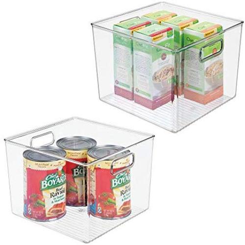 mDesign Plastic Food Storage Container Bin with Handles - for Kitchen, Pantry, Cabinet, Fridge/Freezer - Large Organizer for Snacks, Produce, Vegetables, Pasta - BPA Free, 10" Square, 2 Pack - Clear