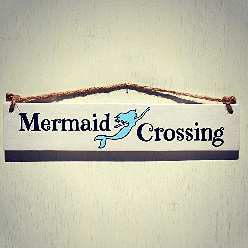 Mermaid Crossing Wood Sign - Rustic Wall Decor With Rope Hanger - Mermaid Decor for Home