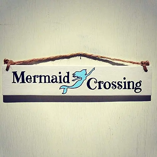 Mermaid Crossing Wood Sign - Rustic Wall Decor With Rope Hanger - Mermaid Decor for Home Mermaid Crossing Wood Sign - Rustic Wall Decor With Rope Hanger - Mermaid Decor for Home