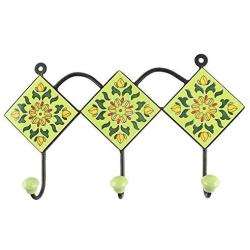 Indianshelf Handmade 1 Artistic Vintage Green Ceramic Floral Key Hooks Tile Hanger/Clothes Hooks for Doors