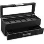 Glenor Co Watch Boxes with Valet Drawer for Men - 6 Slot Luxury Watch Case Display Organizer, Carbon Fiber Design -Metal Buckle for Mens Jewelry Watches, Mens Storage Holder Boxes has a Large Glass Top