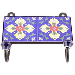 Indianshelf Handmade 3 Artistic Vintage Blue Ceramic Tiny Flower Clothes Hooks Tile Hanger/Utlility Hooks