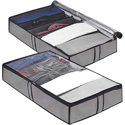 Foldable Under Bed Storage Containers with Adjustable Dividers -2 Pack, Large Underbed Clothes Shoes Storage Organizer Boxes with Clear Plastic Lid and Reinforced Handle for Closet and Shelve (Grey)