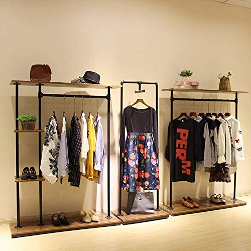 Industrial Pipe Clothing Rack With Wood Board Retro Heavy Duty Garment Rack Floor-Standing Hangers Clothes Shelves for Retail Store
