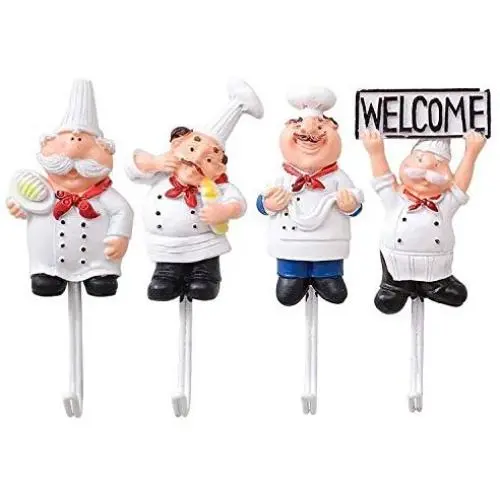 Astra Gourmet Pack of 4 Resin French Chef Figurine Wall Hooks Decorative Cook Wall Mount Rack Hook Hanger(Assorted Style)