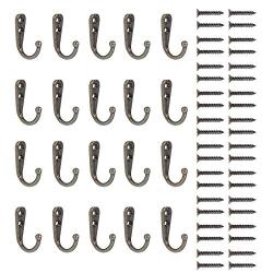 20 Pack Heavy Duty Dual Coat Hooks Wall Mounted with 44 Screws Retro Double Hooks Utility Black Hooks for Coat, Scarf, Bag, Towel, Key, Cap, Cup, Hat …