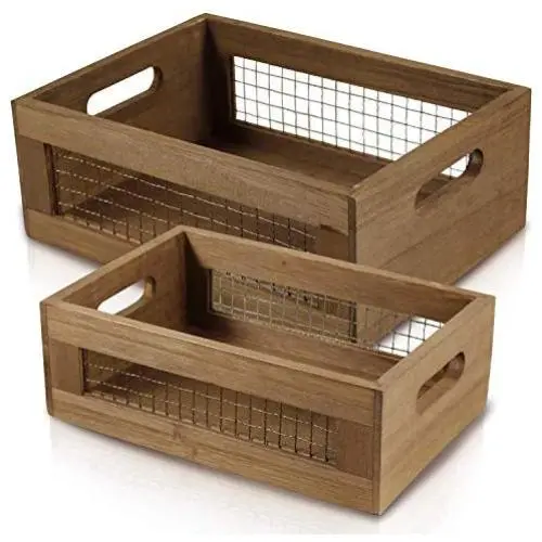 Set of 2 Nesting Countertop Baskets - Wooden Organizer Crates for Kitchen, Bathroom, Pantry | For Fruit, Vegetables, Produce, Bread and General Storage Space | Decorative Rustic Wood and Metal Wire Set of 2 Nesting Countertop Baskets - Wooden Organizer Crates for Kitchen, Bathroom, Pantry | For Fruit, Vegetables, Produce, Bread and General Storage Space | Decorative Rustic Wood and Metal Wire