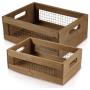 Set of 2 Nesting Countertop Baskets - Wooden Organizer Crates for Kitchen, Bathroom, Pantry | For Fruit, Vegetables, Produce, Bread and General Storage Space | Decorative Rustic Wood and Metal Wire