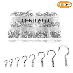 TERMATH 160PCS 8 Sizes Cup Hooks/Screw-in Ceiling Hooks/Eye Screw Hooks/Mug Hooks/Hangers Assortment Kit for Home and Office (Silver)