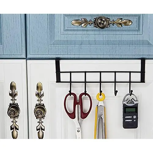 Ruiling 2-Pack 5 Hook Over the Cabinet Door Hanger Organizer, Black 5 Hooks Hanger Rack Organizer - for kitchen Home Office, Hanger Coats, Hats, Towels, More Use