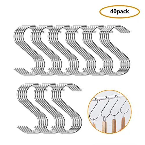 40 Pack Stainless Steel S Hooks, Heavy Duty S Shaped Hangers for Bathroom, Office and Kitchen