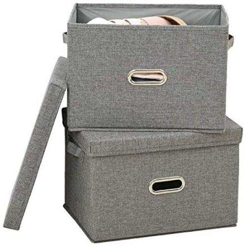 Polecasa Storage Bins with Lid-2 Pack-Removable Lid, Collapsible, Stackable, Linen Fabric. Storage Cubes Boxes Containers Organizer Basket for Home, Office, Bedroom, Closet, and Shelves(Medium| 26L)