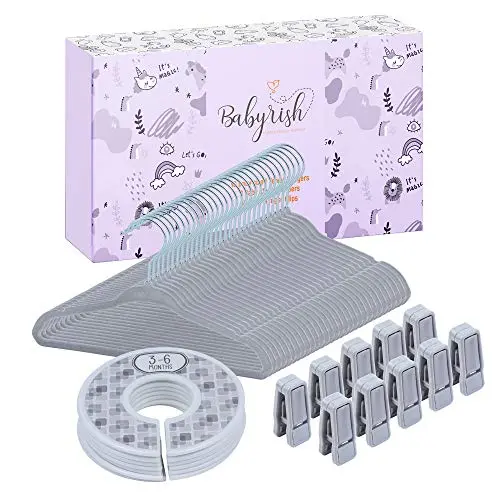 Babyrish Unisex Nursery Closet Organizer Set-Neutral Grey Nonslip 30X Velvet Hangers for Baby Clothes with 8X Closet Size Dividers (Newborn Infant to Toddler) and 10X Hanger Clips-All in Cute Box Babyrish Unisex Nursery Closet Organizer Set-Neutral Grey Nonslip 30X Velvet Hangers for Baby Clothes with 8X Closet Size Dividers (Newborn Infant to Toddler) and 10X Hanger Clips-All in Cute Box