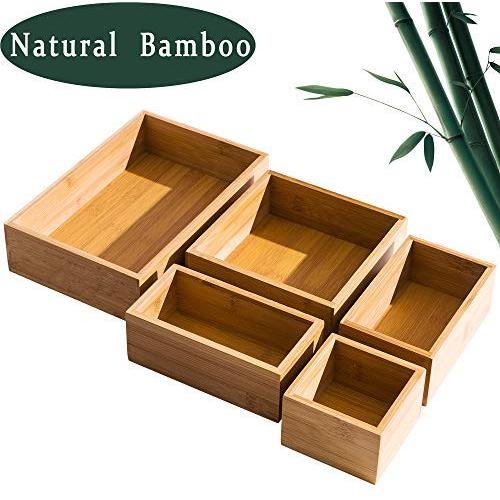 5 Piece Bamboo Drawer Organizer Set, Luxury Wooden Desk Storage Boxes Kit, Multi-use Junk Drawer Organizer for Office, Kitchen, Bedroom, Children Room, Craft, Sewing