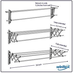 Wellex] 59" Stainless Steel Folding Clothes Drying Rack (60lb Capacity, 22.5 Linear FEET) Folding Clothes Drying Rack Wall Mounted, Great Organization Landry Room, Indoor Outdoor Use