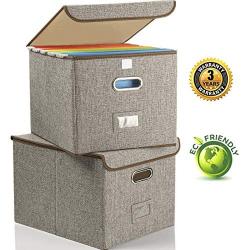 Collapsible File Boxes with Lid [2-Pack] Decorative Documents Storage Organizer with Linen Filing, Home Office Bin, Letter Size Legal Size, Gray