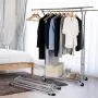 Bextsware Clothes Garment Rack On Wheels, Expandable Double Rails Heavy Duty Commercial Grade Hanging Clothes Organizer Stand Clothing Rack with Mesh Bottom Shelves for Boxes Shoes Storage, Chrome